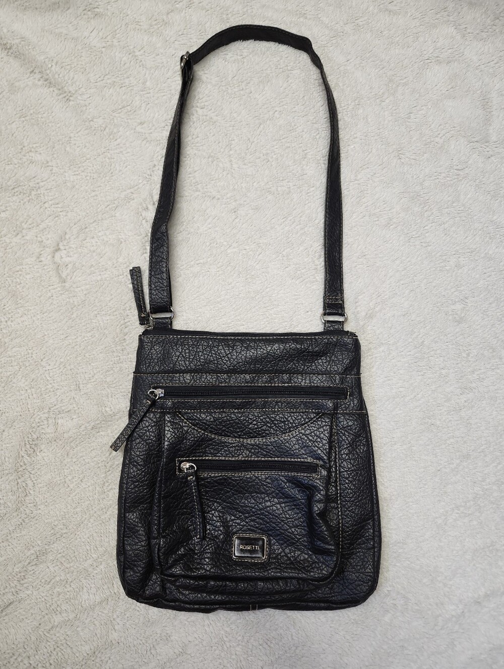 Rosetti Black Textured Crossbody Bag with Front Zip Pockets